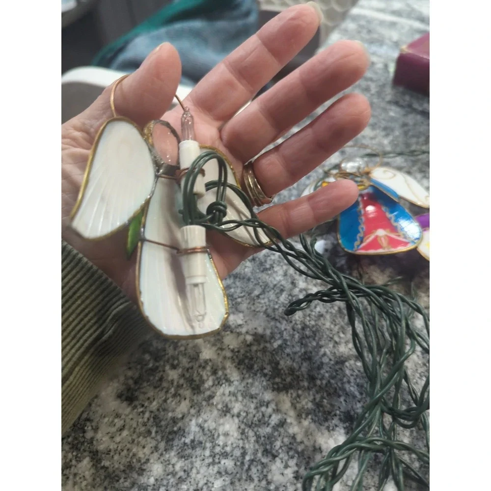 Vintage Multicolor Capiz & Wire Angel Playing Trumpets String Lights 5 Angels